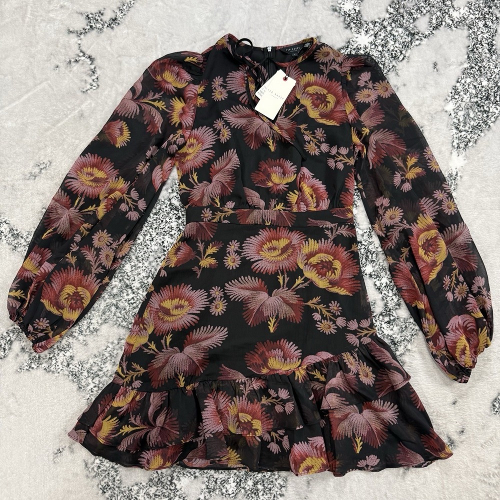Ted Baker London Floral Mini Dress Size 1 Ruffle Asymmetric Long Sleeve NWT